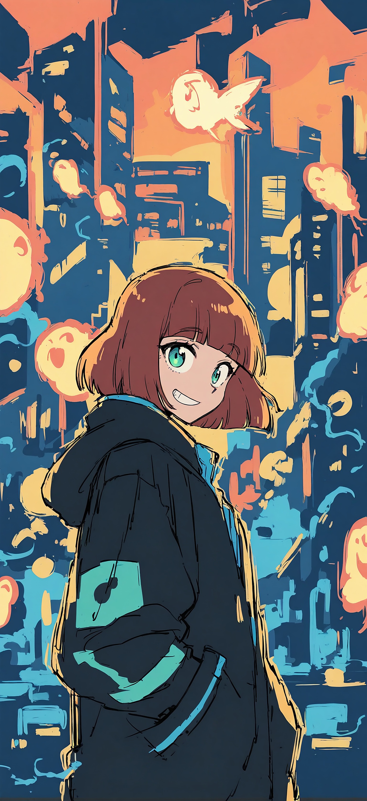 Anime Girl in Urban Glow: Dark Blue Cityscape, anime girl, urban aesthetic, cityscape, dark blue, orange, teal
