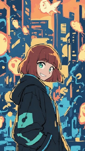 Anime Girl in Urban Glow: Dark Blue Cityscape