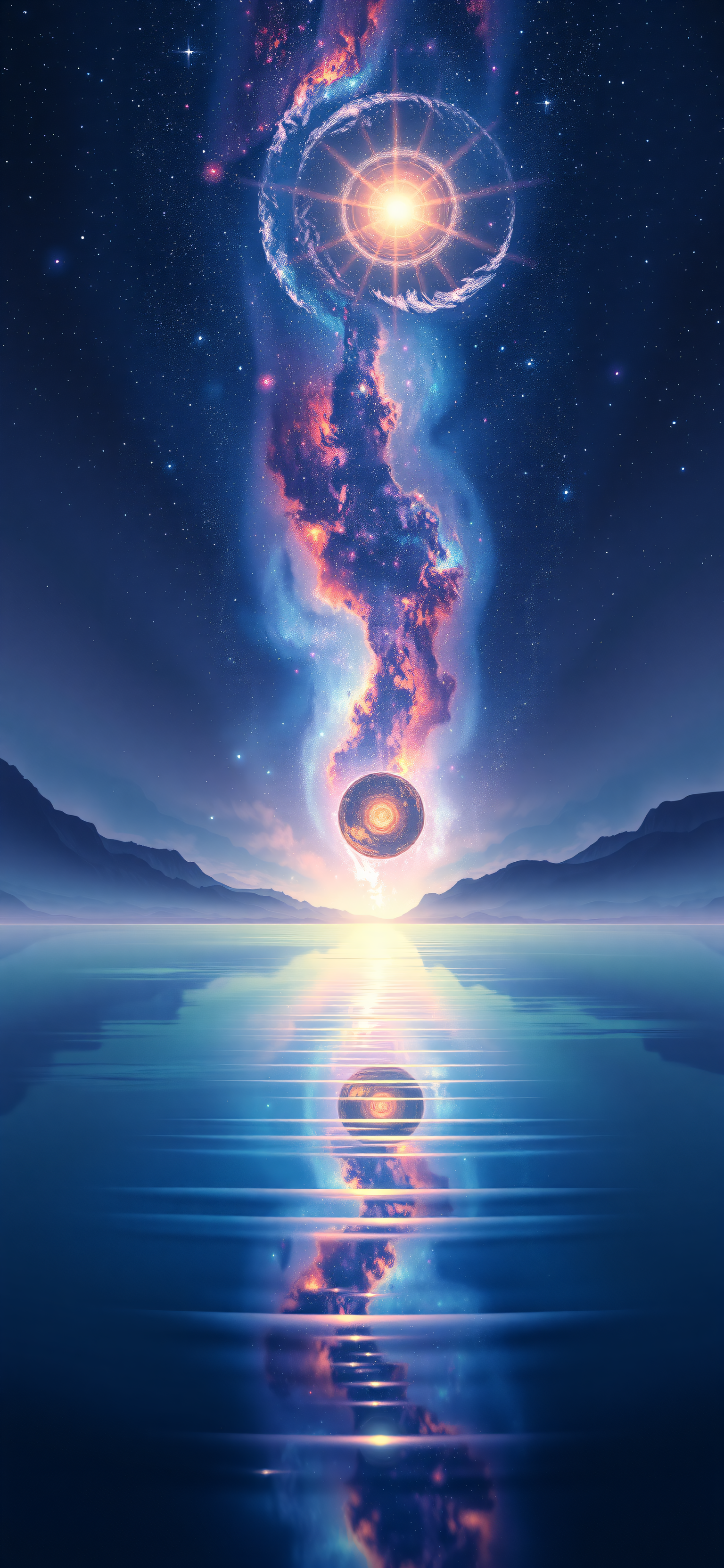 Cosmic Gateway Lake Fantasy Wallpaper, cosmic, fantasy, space, nebula, lake, mountains