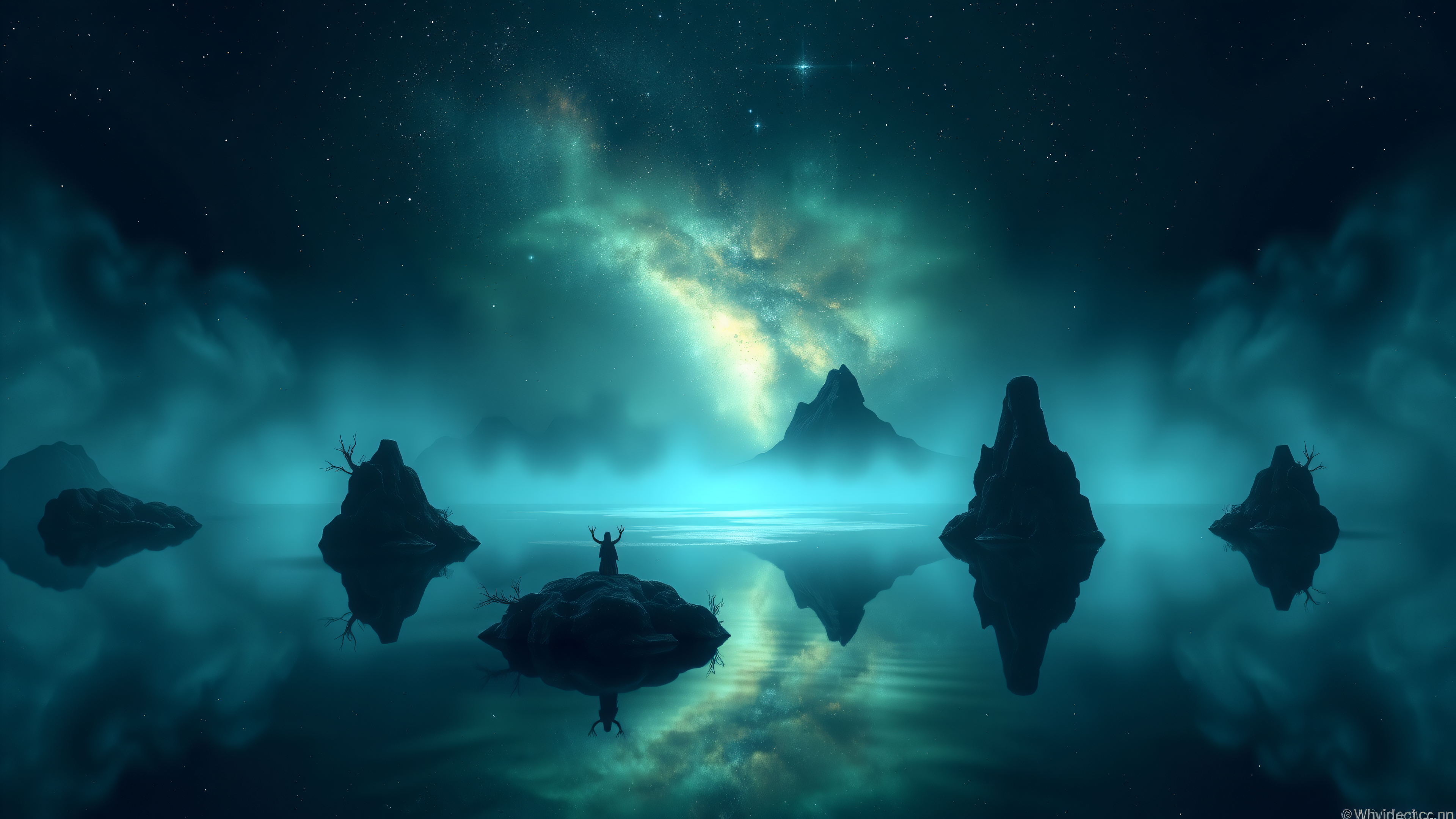 Cosmic Night Lake with Shaman & Mountains, cosmic, night sky, lake, mountains, nebula, shaman