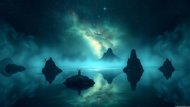 Cosmic Night Lake with Shaman & Mountains
