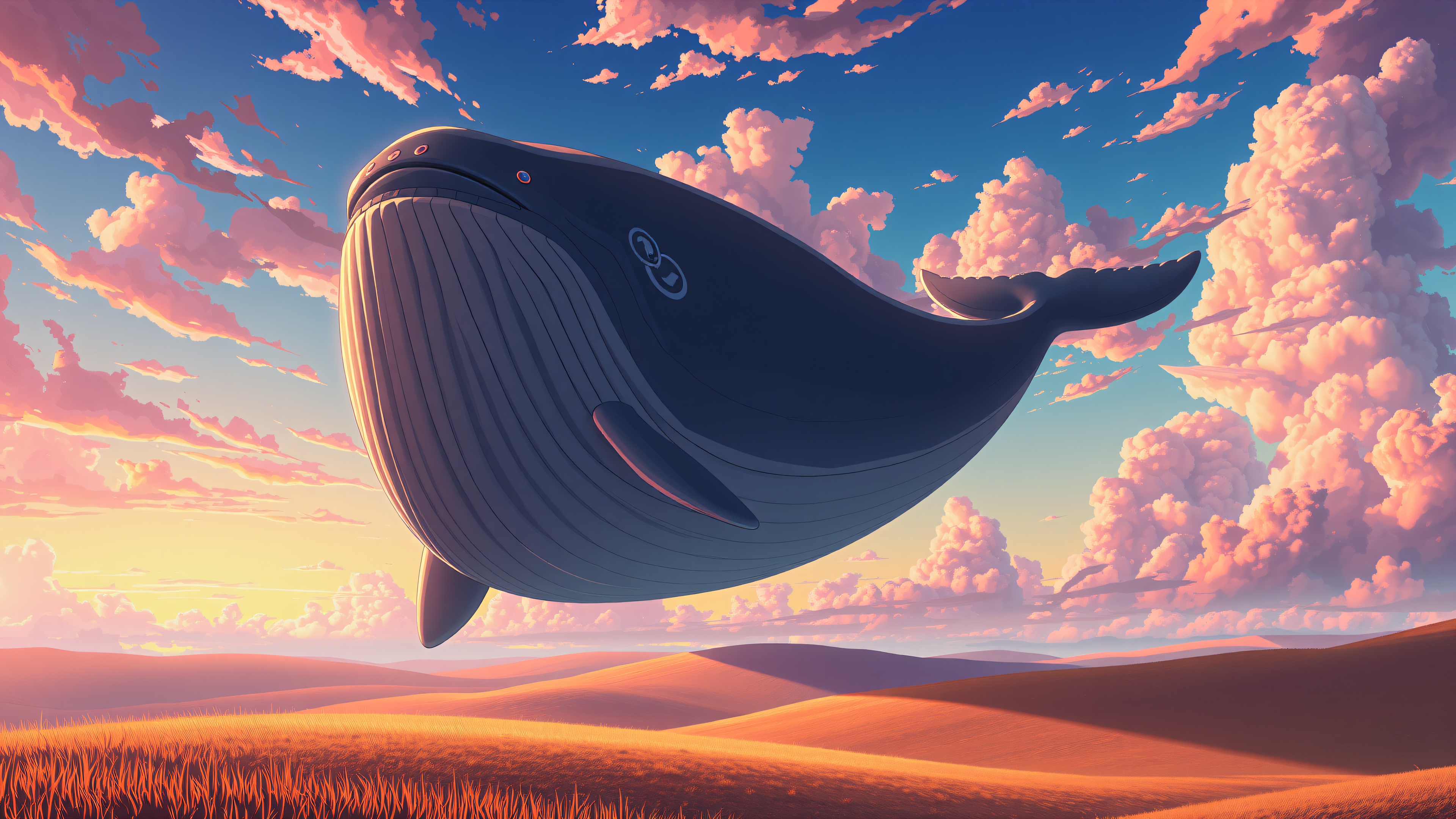 Sky Whale Above Sunset Dunes Wallpaper, sky whale, flying whale, sunset, desert dunes, fantasy art, anime aesthetic