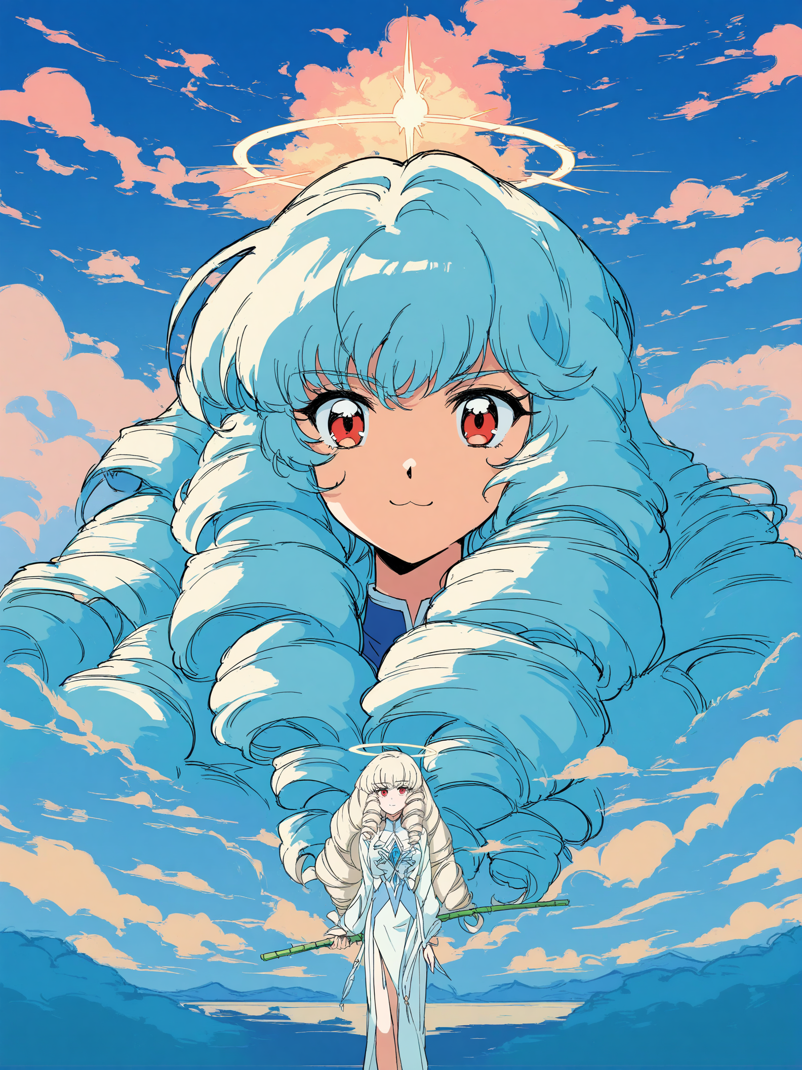 Anime Angel Girl with Blue Hair and Clouds, anime, angel girl, blue hair, red eyes, sky, clouds