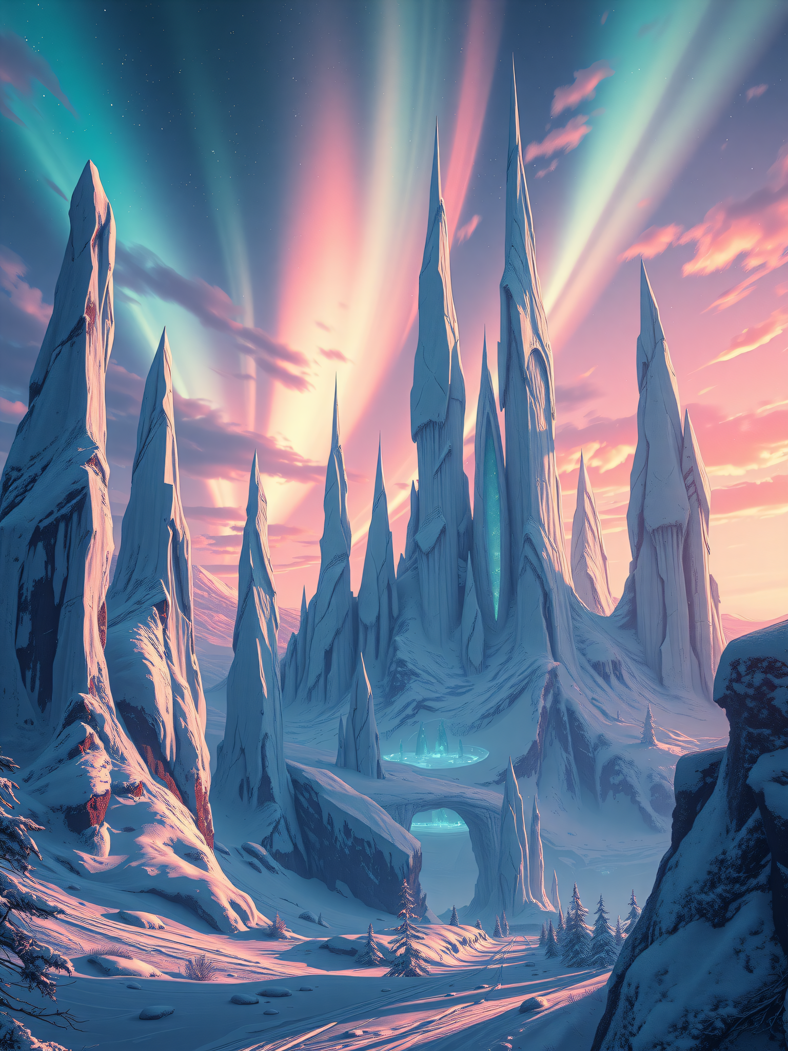 Fantasy Ice Spire Mountains Aurora, ice spires, fantasy landscape, aurora sky, snowy mountains, arctic fantasy, pastel colors