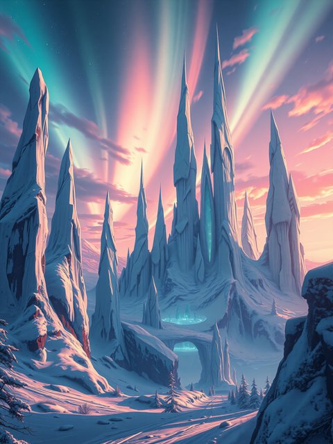 Fantasy Ice Spire Mountains Aurora