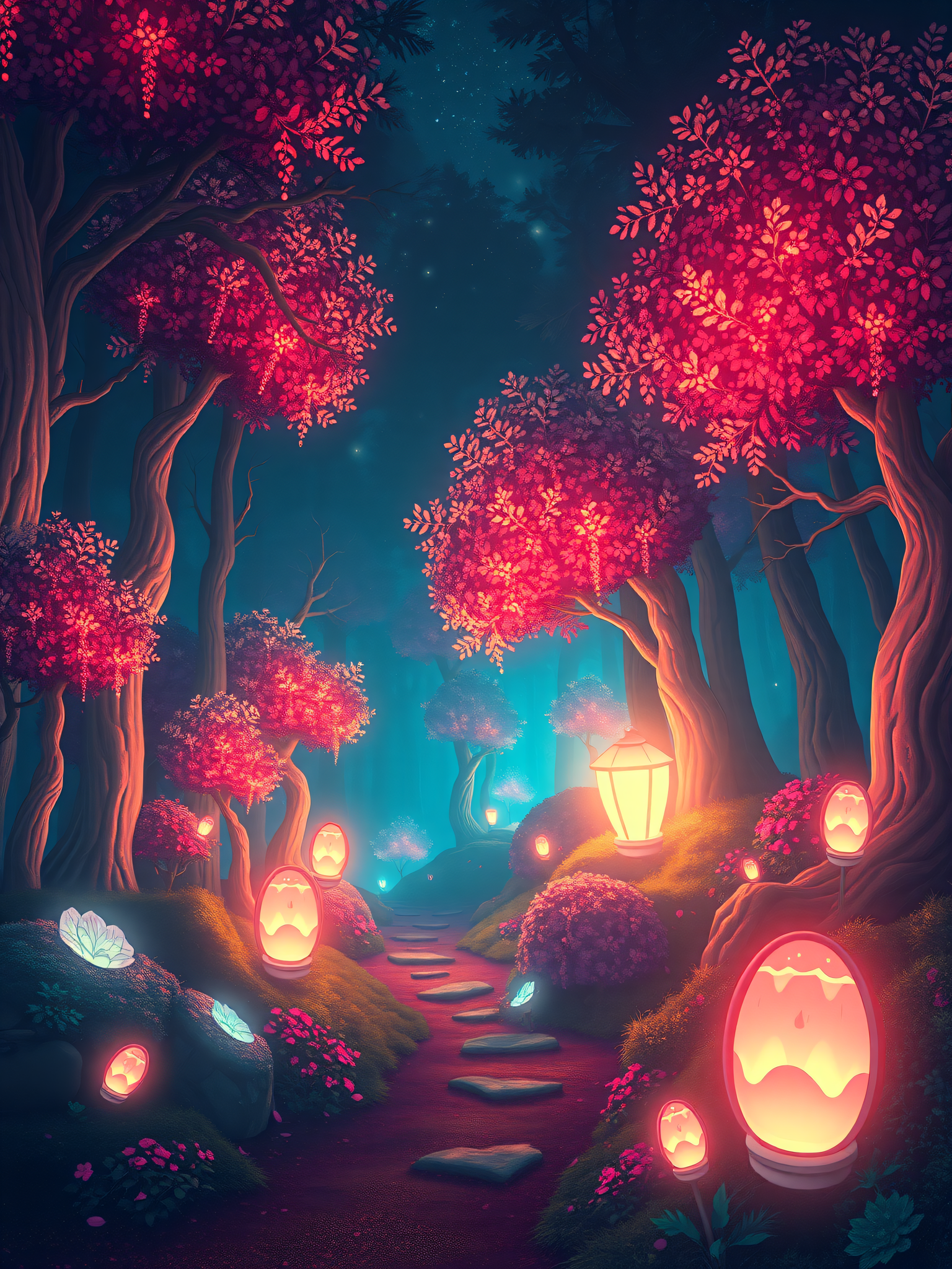 Enchanted Forest Path with Glowing Lanterns, enchanted forest, fantasy path, glowing lanterns, magical trees, pink foliage, night forest