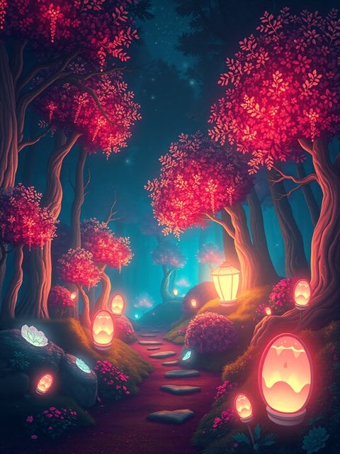 Enchanted Forest Path with Glowing Lanterns