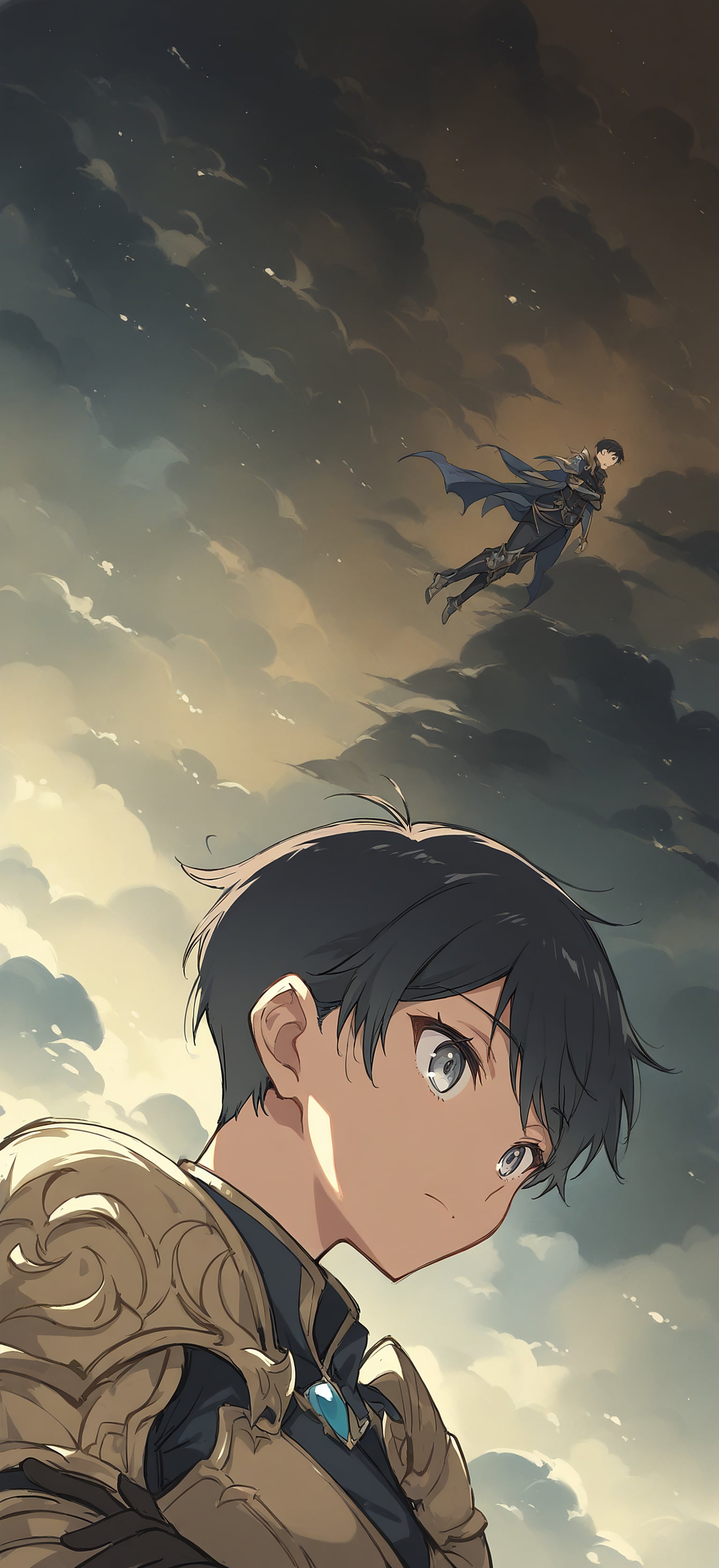 Anime Warrior Sky Battle Cloudscape Wallpaper, anime warrior, fantasy art, cloudscape, sky battle, digital painting, epic fantasy
