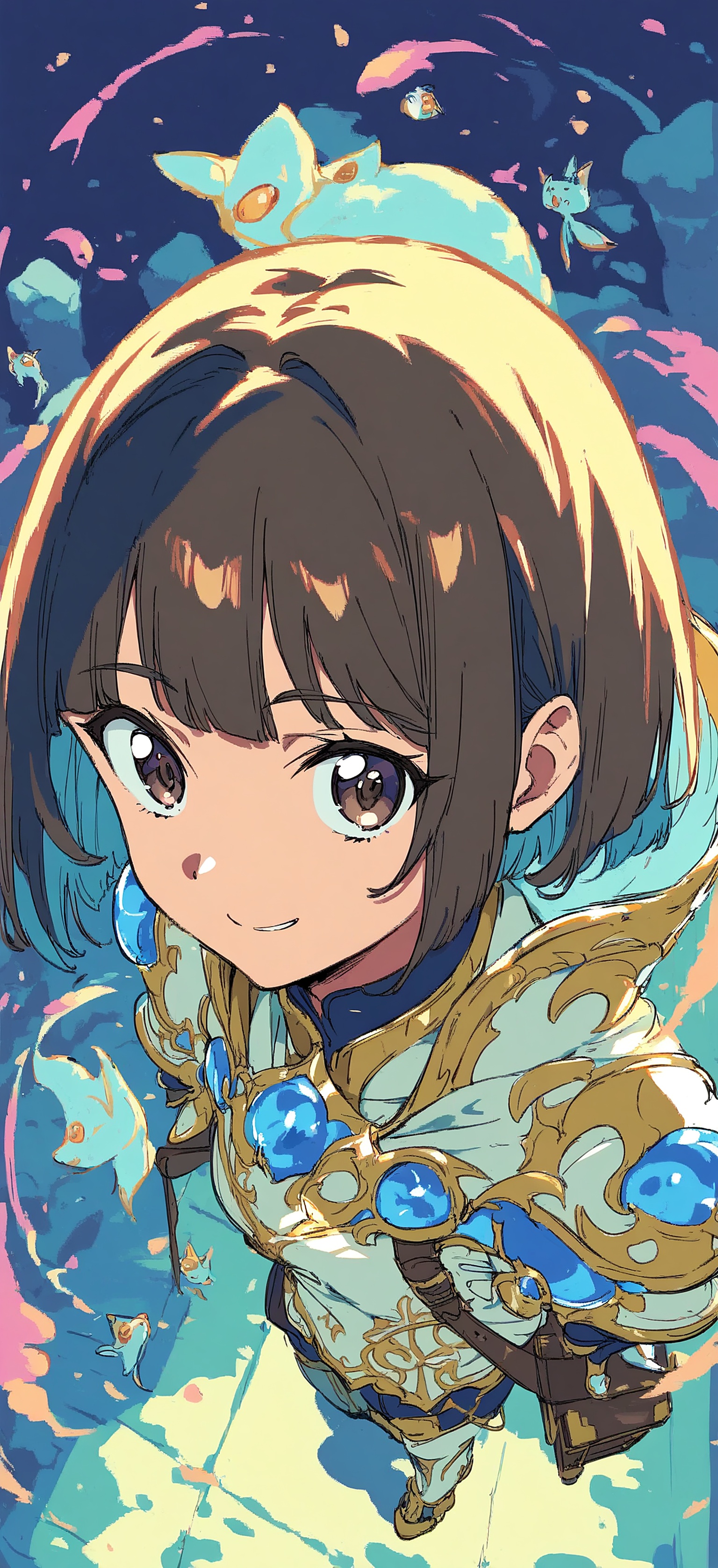 Anime Girl Fantasy Explorer with Magical Creatures, anime girl, fantasy character, magical creatures, colorful, cute, illustration
