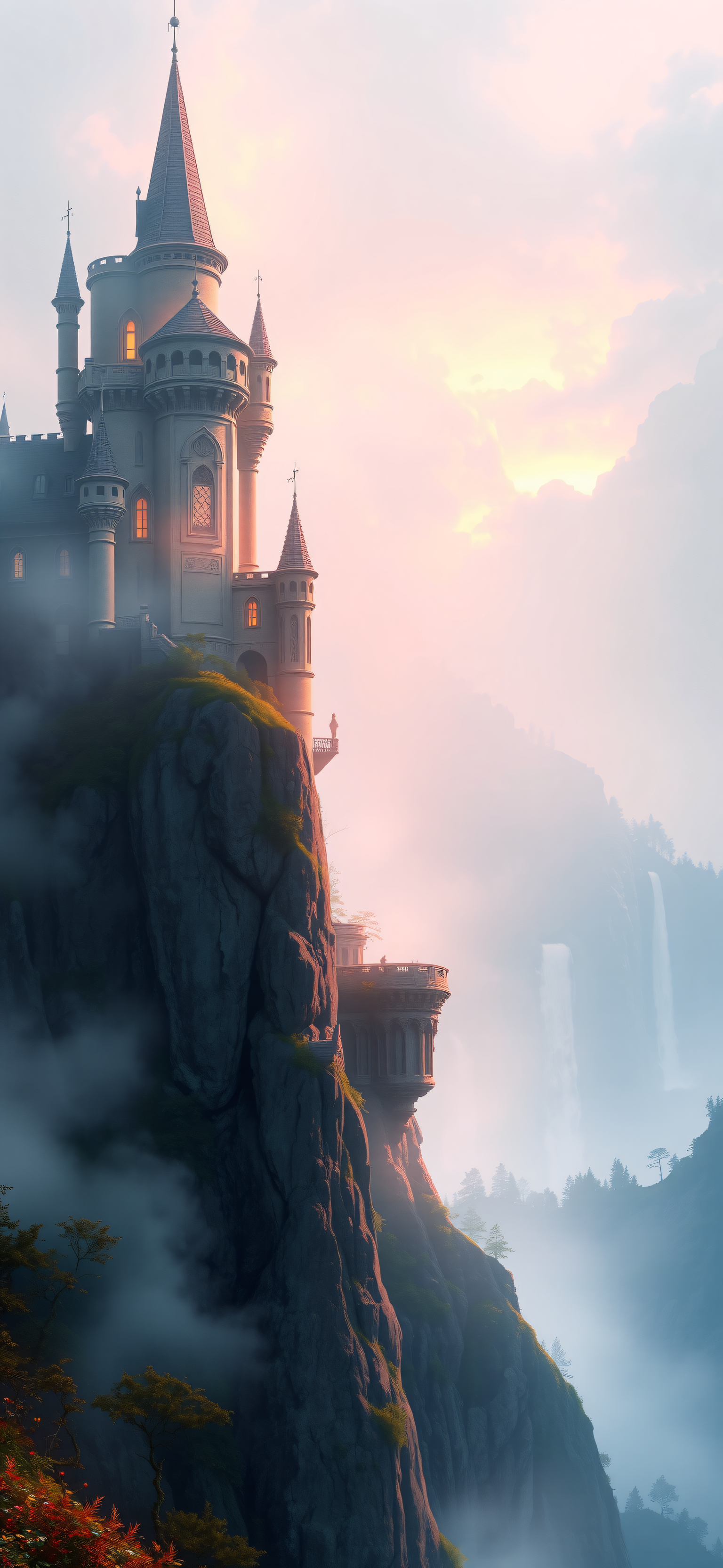 Fantasy Castle on Cliff at Misty Sunset, fantasy castle, cliffside, sunset, misty valley, dreamy, magical