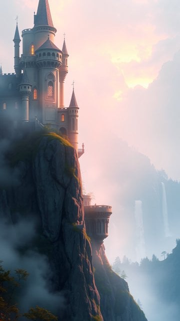 Fantasy Castle on Cliff at Misty Sunset