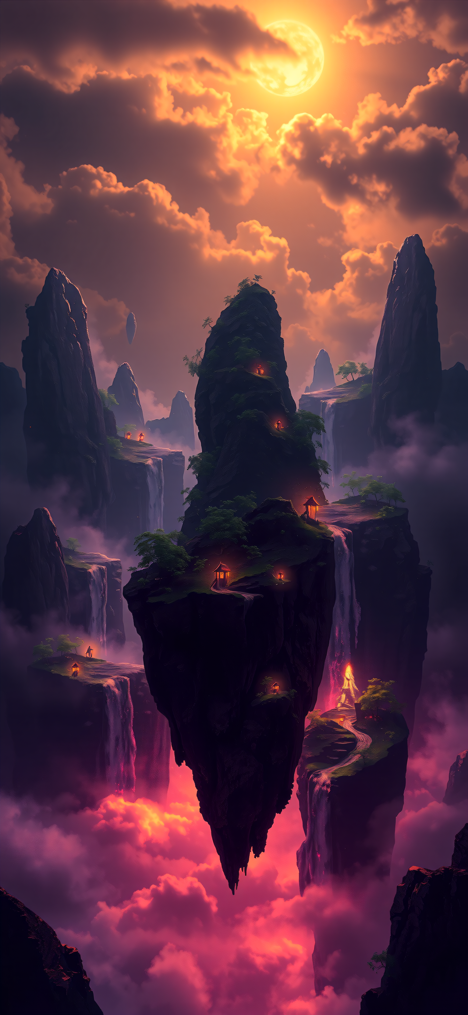 Floating Islands Sunset Fantasy Wallpaper, floating islands, fantasy landscape, sunset, glowing moon, magic, waterfall