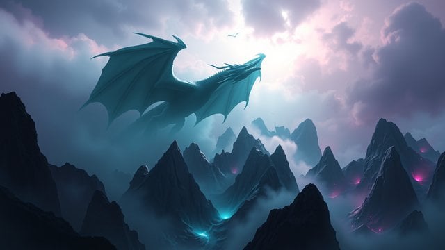 Mystical Dragon over Glowing Fantasy Mountains