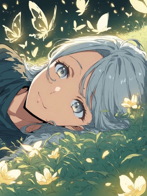 Anime Girl Lying in Grass with Glowing Butterflies