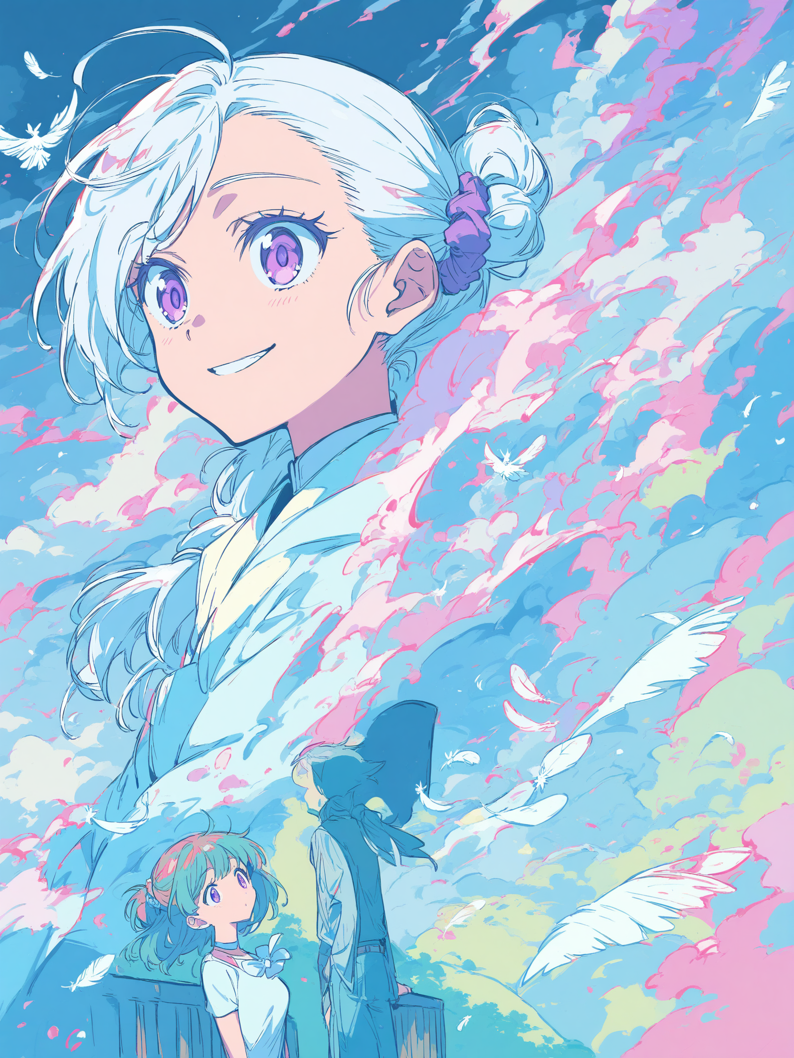 Anime Girl Fantasy Sky with Pink Clouds & Feathers, anime girl, fantasy, pastel sky, pink clouds, feathers, dreamy