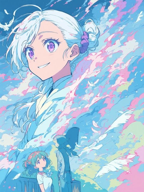 Anime Girl Fantasy Sky with Pink Clouds & Feathers