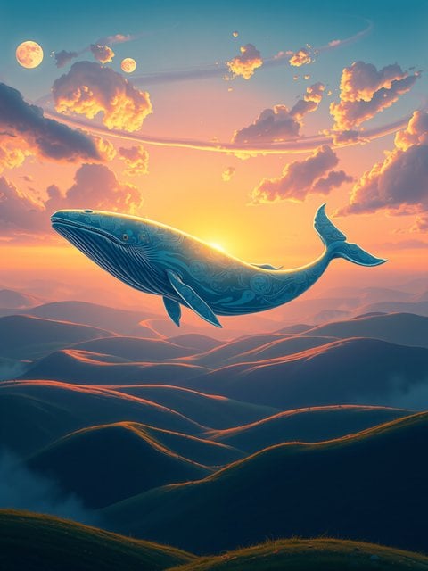 Flying Whale Sunset Dreamscape with Two Moons