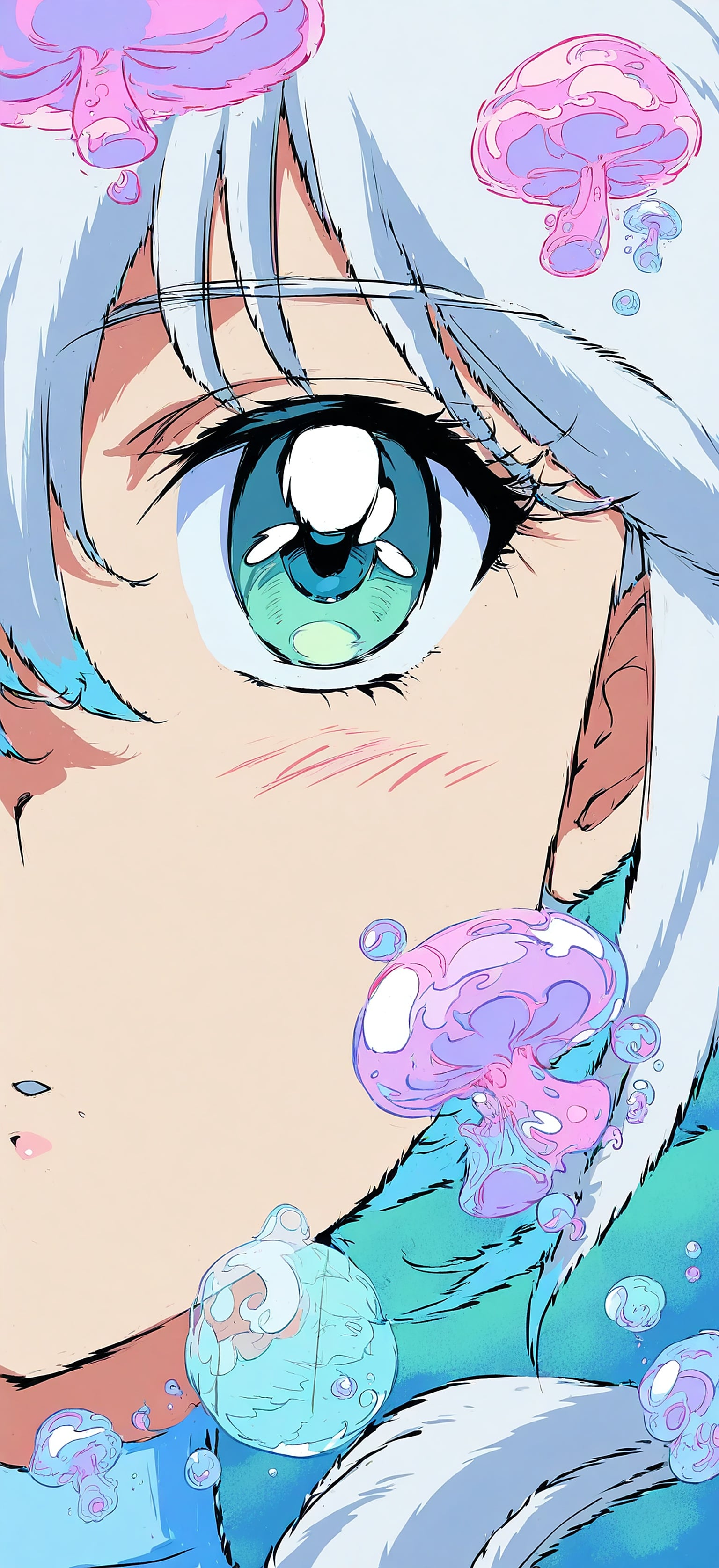 Anime Girl Close-up: Blue Eyes & Pink Jellyfish, anime girl, anime eye, pink jellyfish, cute, pastel, dreamy