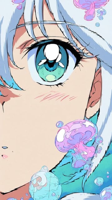 Anime Girl Close-up: Blue Eyes & Pink Jellyfish