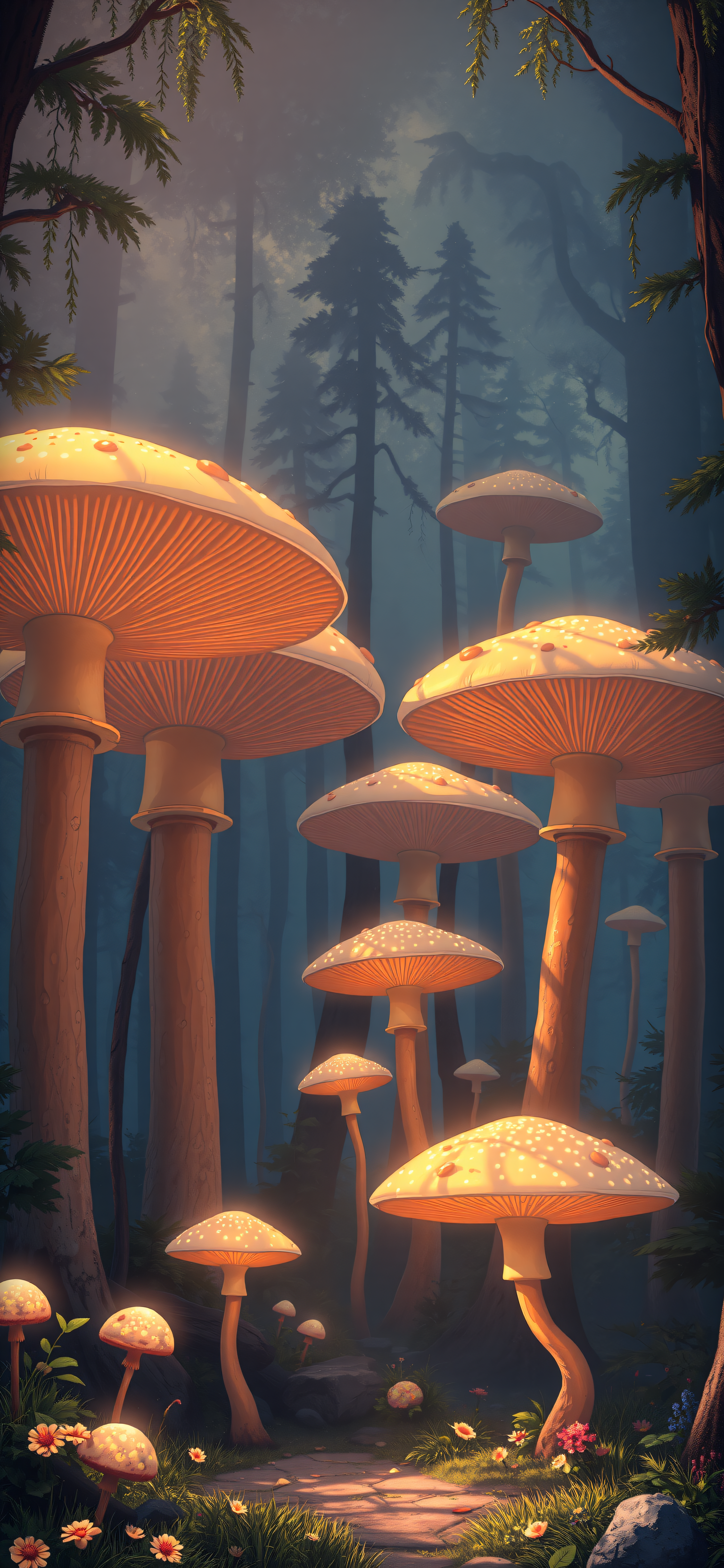 Glowing Mushrooms in Enchanted Forest Wallpaper, glowing mushrooms, enchanted forest, fantasy wallpaper, mystical woods, fairy tale, magic forest