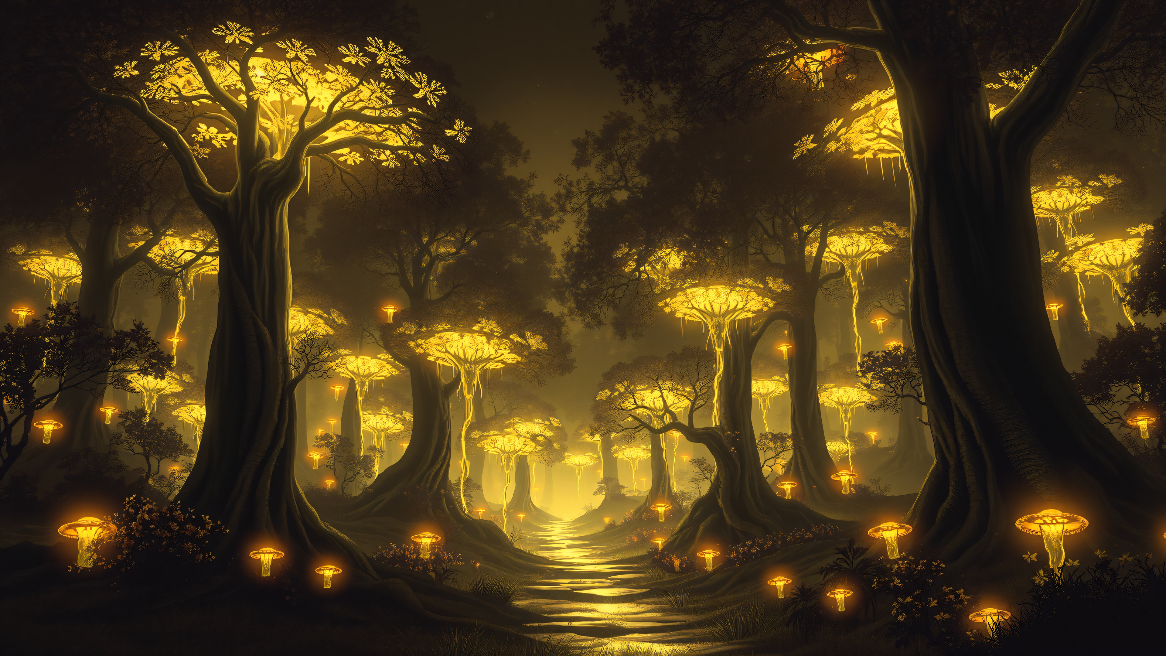 Magical Glowing Forest Path at Night, glowing forest, fantasy landscape, magical path, enchanted woods, luminous mushrooms, golden light