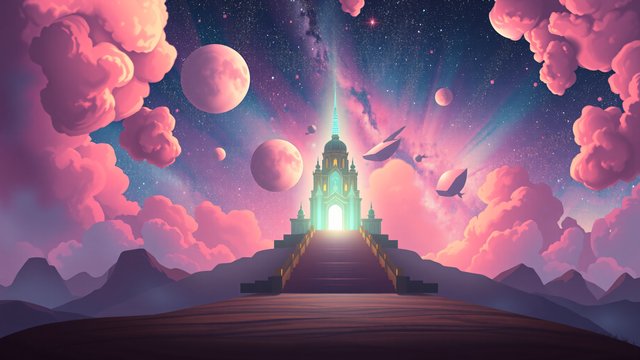 Cosmic Temple Stairs with Pink Clouds