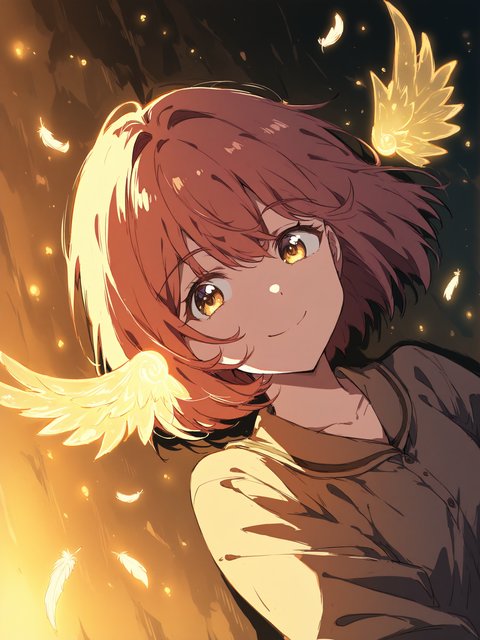 Anime Girl with Golden Wings and Feathers