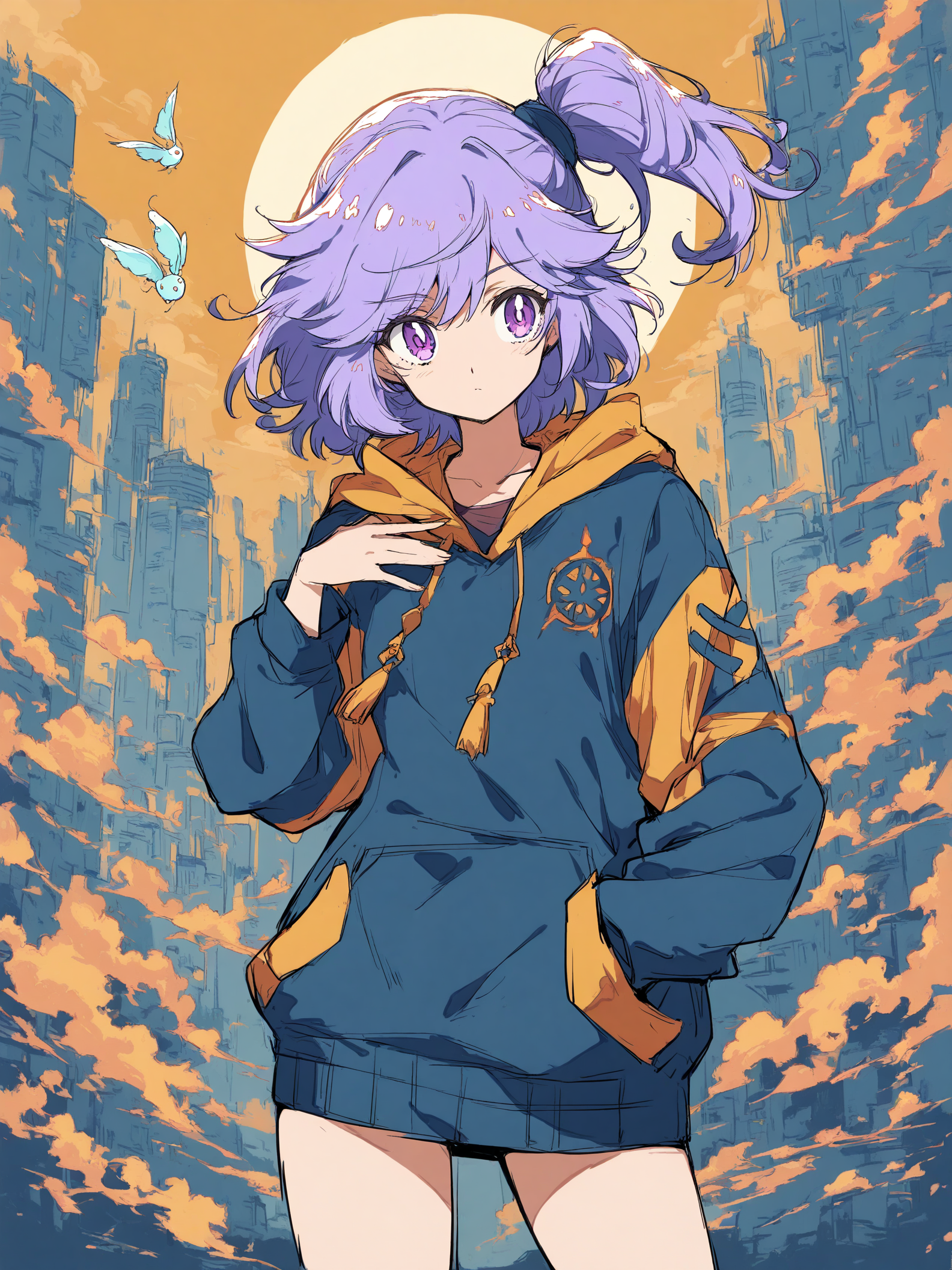 Anime Girl Purple Hair Cityscape Sunset Wallpaper, anime girl, purple hair, cityscape, sunset, urban fantasy, hoodie