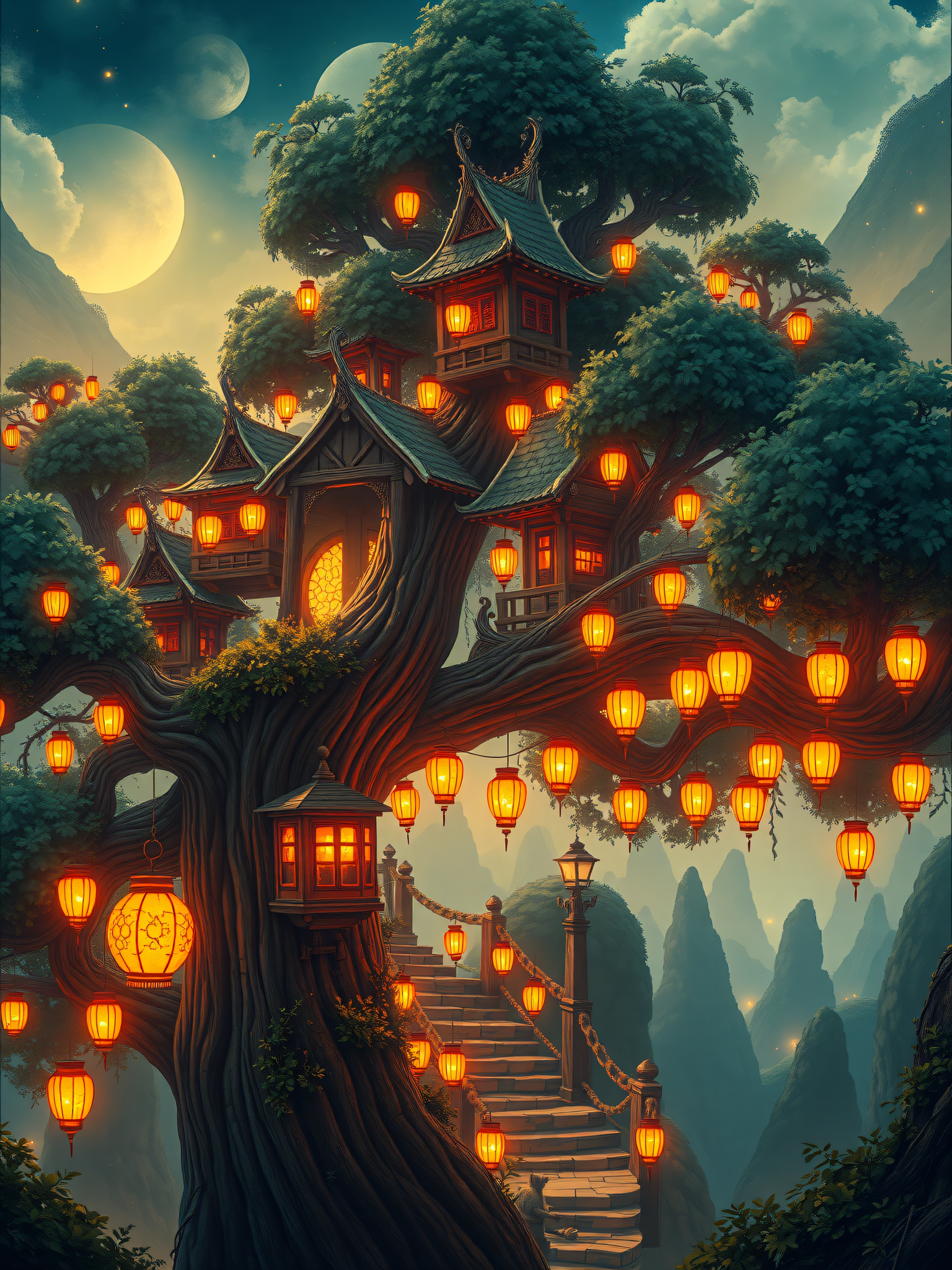 Fantasy Tree Village with Lanterns and Moonlit Sky, fantasy village, treehouse, lanterns, moonlit, enchanted forest, asian architecture