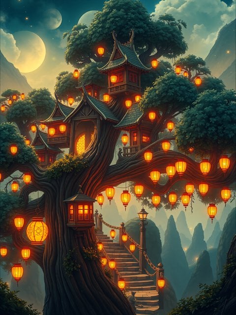 Fantasy Tree Village with Lanterns and Moonlit Sky