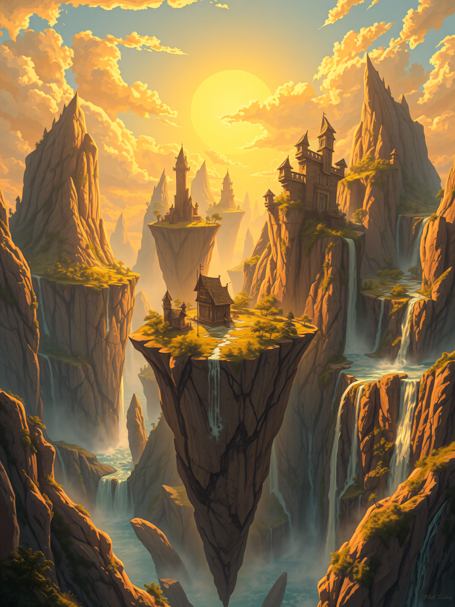 Fantasy Floating Islands Waterfall Sunset Castle, fantasy, floating islands, waterfall, sunset, castle, magic