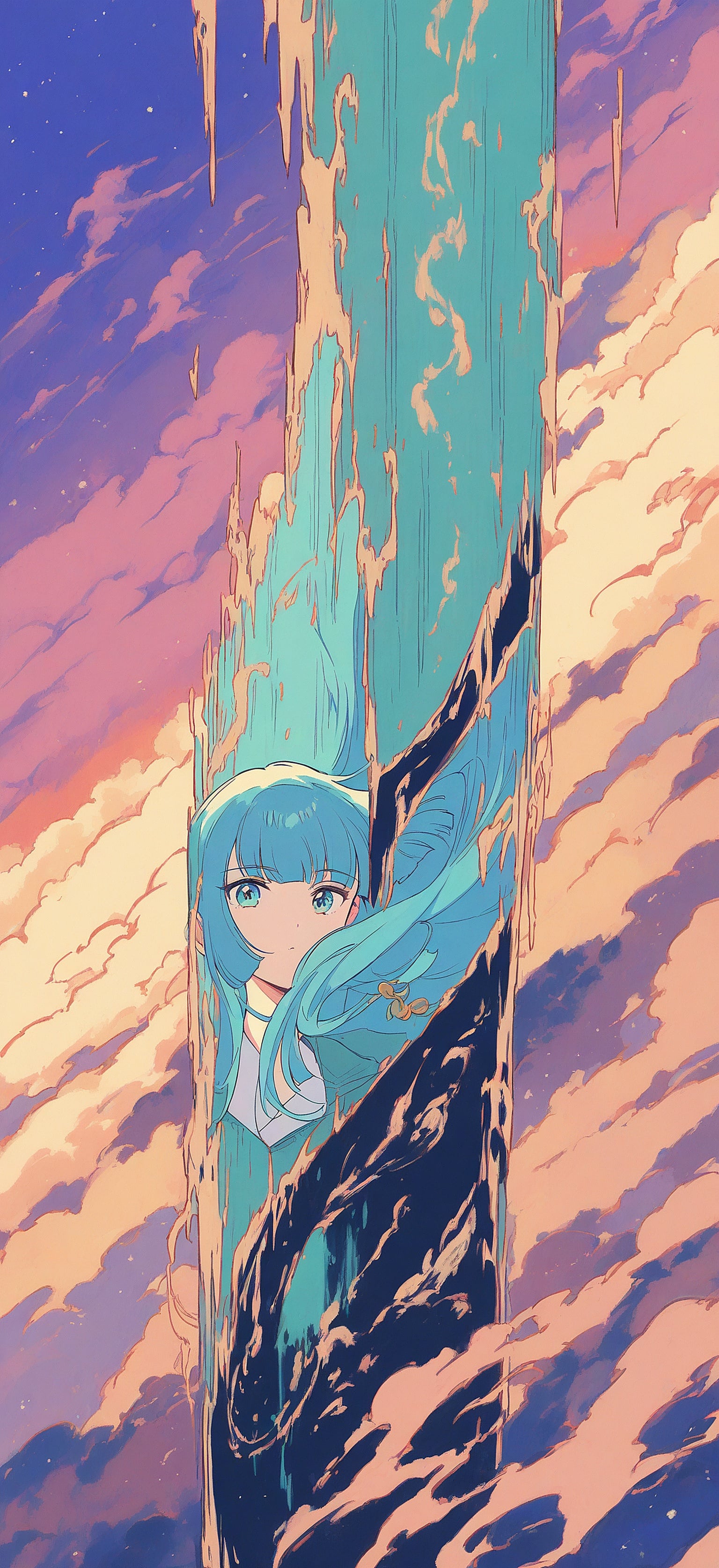 Anime Girl Sky Illusion Teal & Pink Sunset, anime girl, anime wallpaper, fantasy art, sunset sky, pink clouds, teal hair