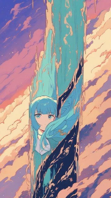 Anime Girl Sky Illusion Teal & Pink Sunset