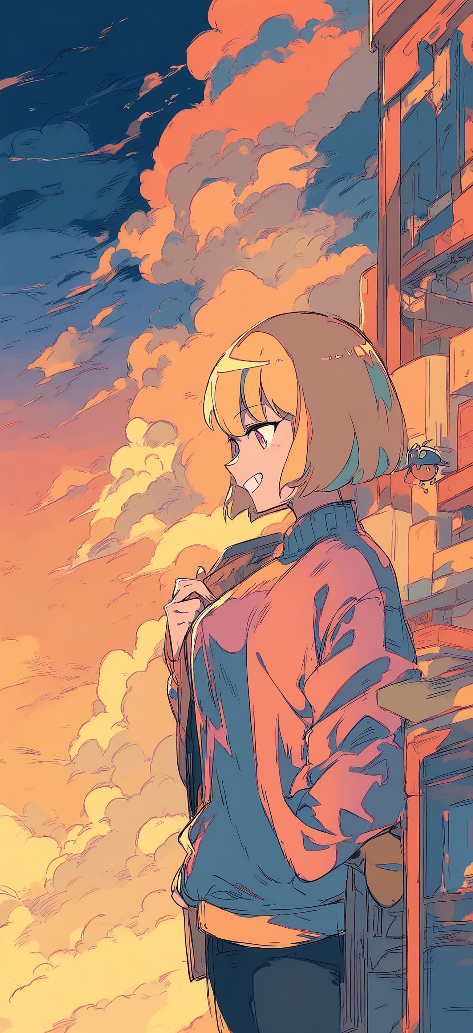 Anime Girl Sunset City View Mobile Wallpaper, anime girl, sunset, cityscape, manga style, golden hour, aesthetic