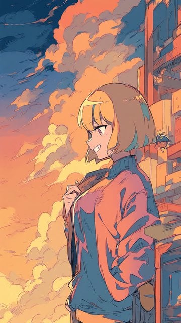 Anime Girl Sunset City View Mobile Wallpaper