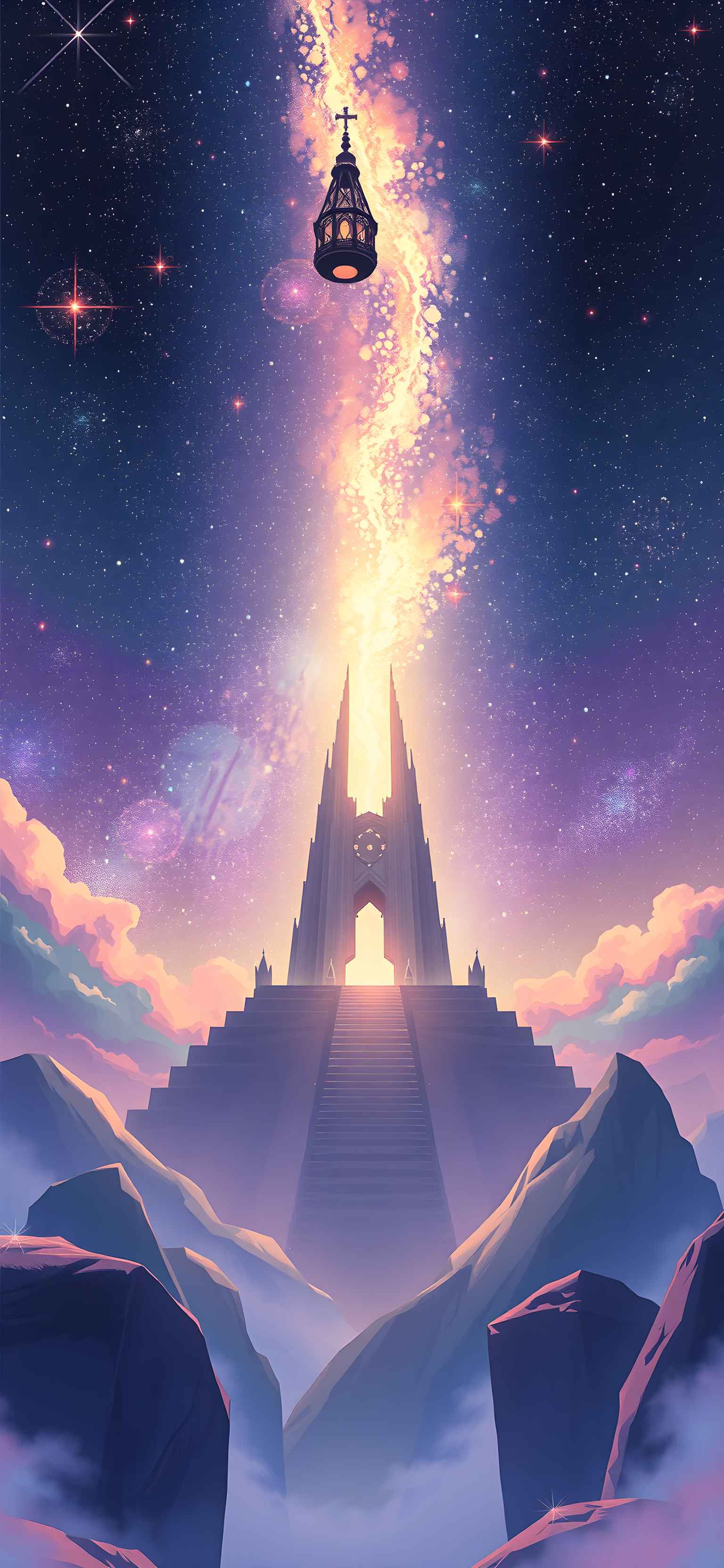 Celestial Cathedral Ascent Wallpaper, fantasy, cathedral, celestial, stars, galaxy, mountains