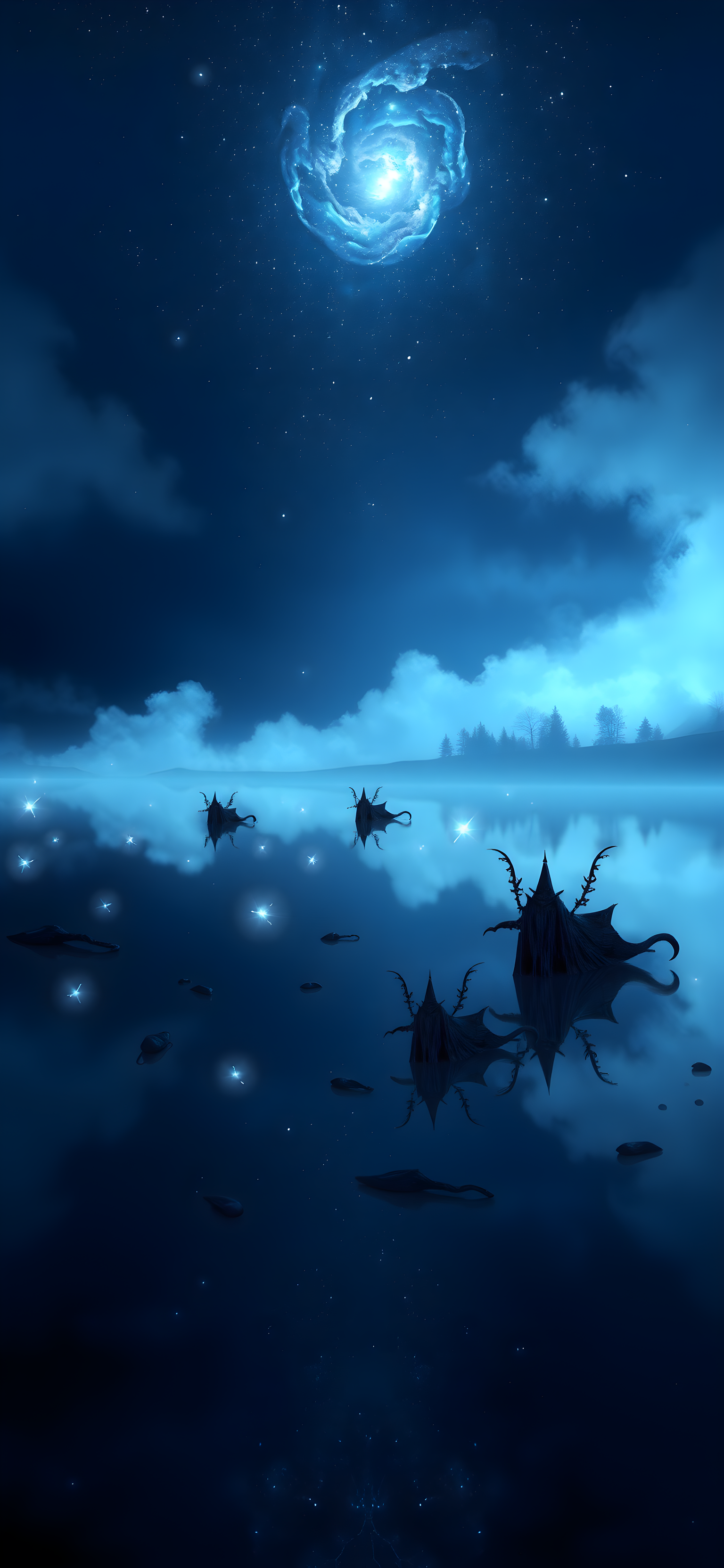 Cosmic Night Lake with Fantasy Sky Creatures, fantasy lake, night sky, cosmic nebula, dark fantasy, ethereal landscape, blue aesthetic