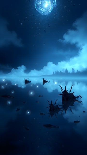 Cosmic Night Lake with Fantasy Sky Creatures