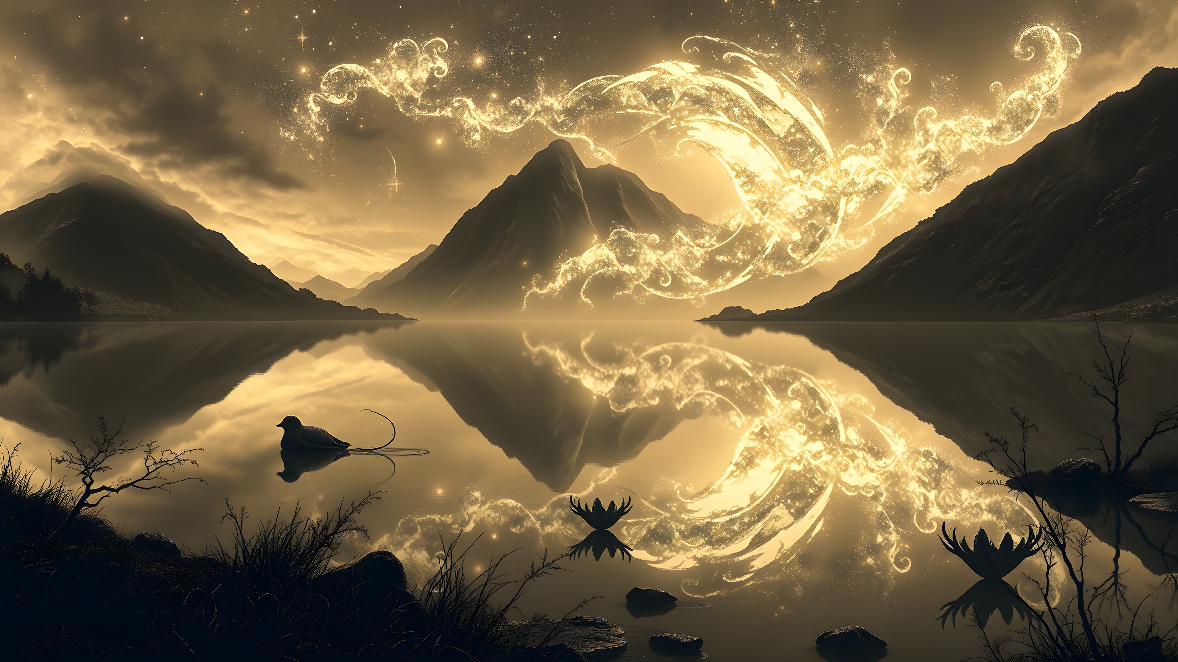 Golden Swirls Over Serene Mountain Lake, golden fantasy, mountain lake, sparkling energy, ethereal landscape, fantasy art, glowing sky