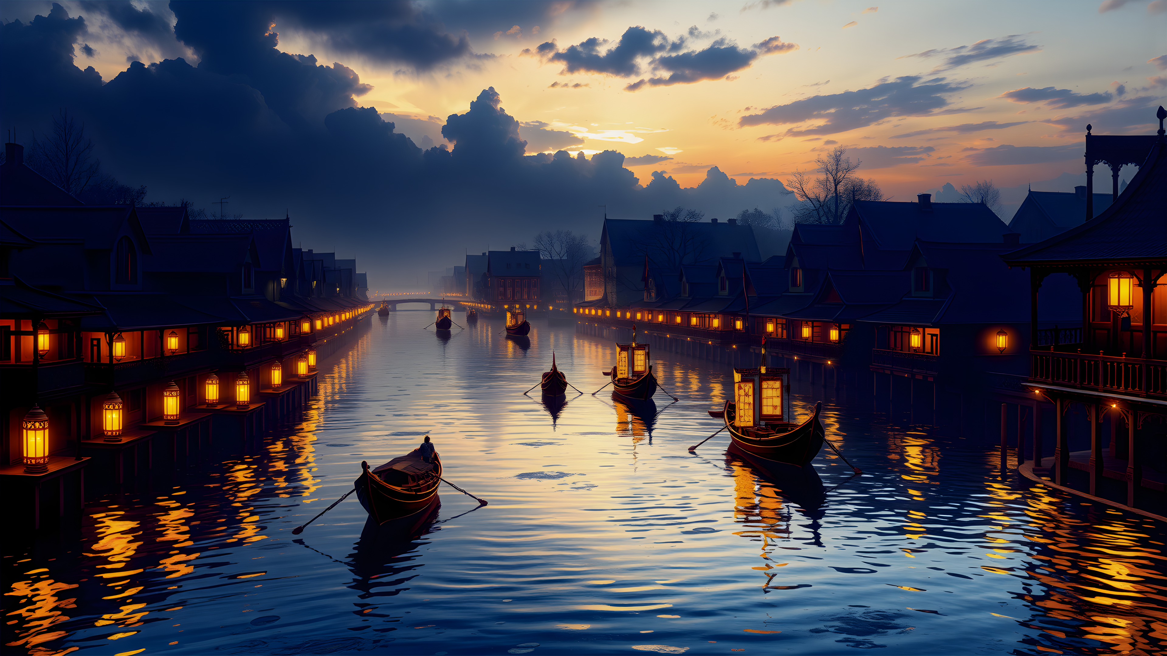 Evening Gondola Ride on Canal, Fantasy Village, gondola, canal, fantasy village, sunset, dusk, lanterns