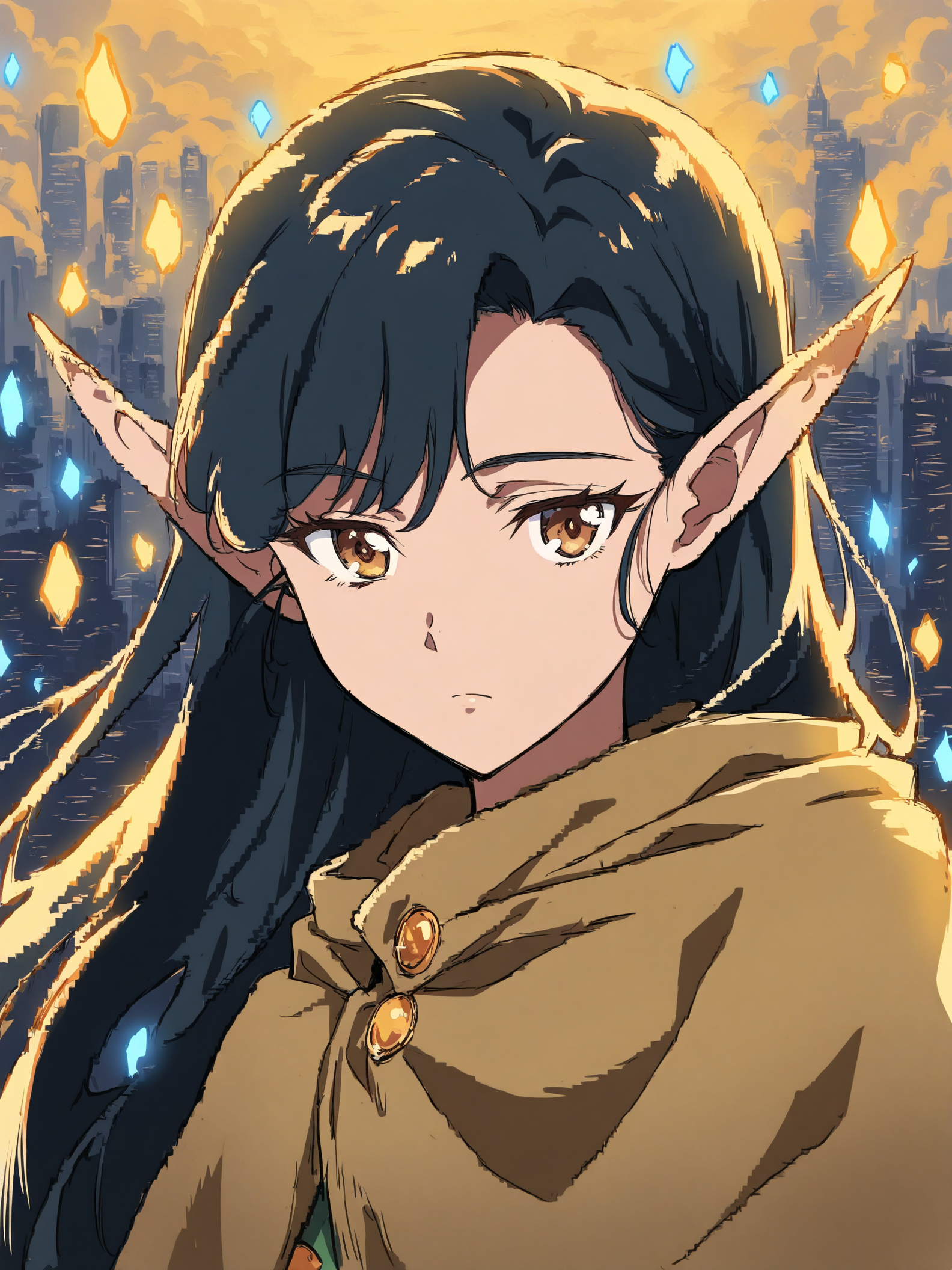 Anime Elf Girl in City at Sunset Wallpaper, anime girl, elf, fantasy, cityscape, sunset, magic