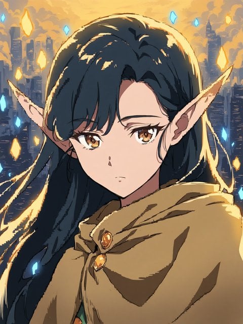 Anime Elf Girl in City at Sunset Wallpaper
