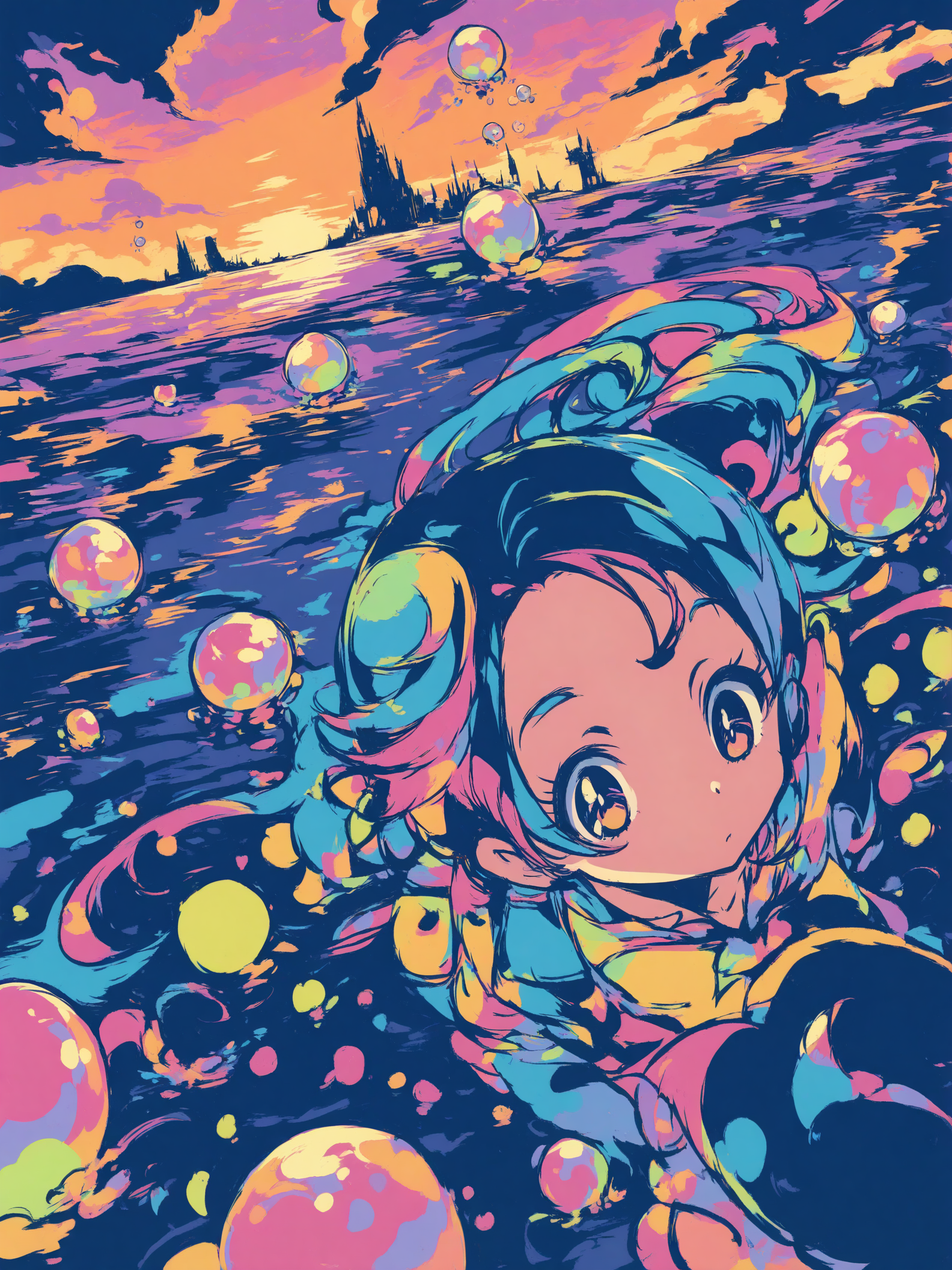 Anime Girl Underwater Bubbles Fantasy City, anime girl, underwater, fantasy city, bubbles, vibrant, colorful