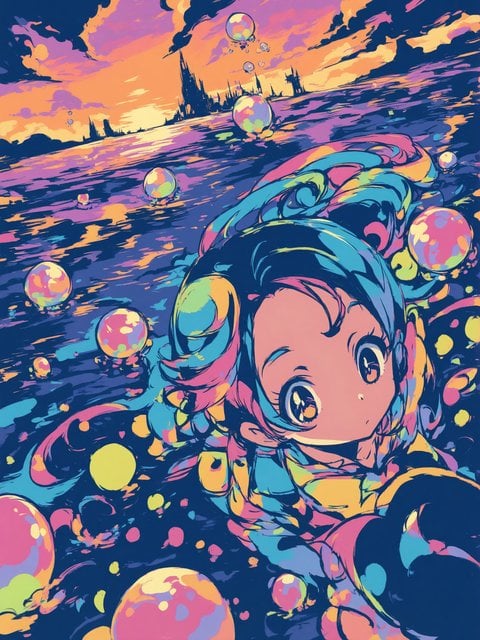 Anime Girl Underwater Bubbles Fantasy City