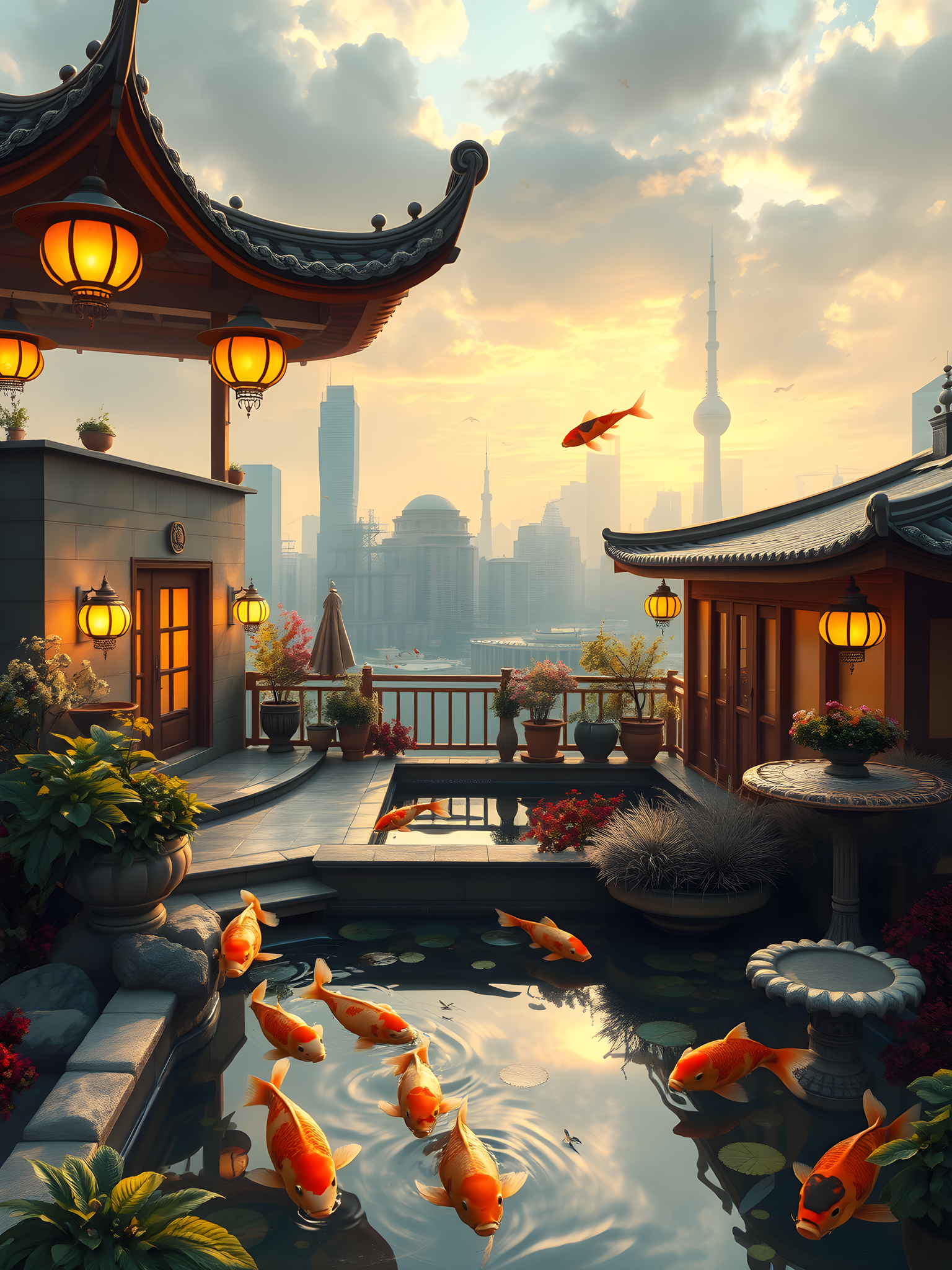 Zen Koi Pond Rooftop Cityscape Sunset, koi pond, rooftop garden, asian architecture, cityscape, sunset, zen