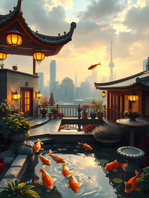 Zen Koi Pond Rooftop Cityscape Sunset
