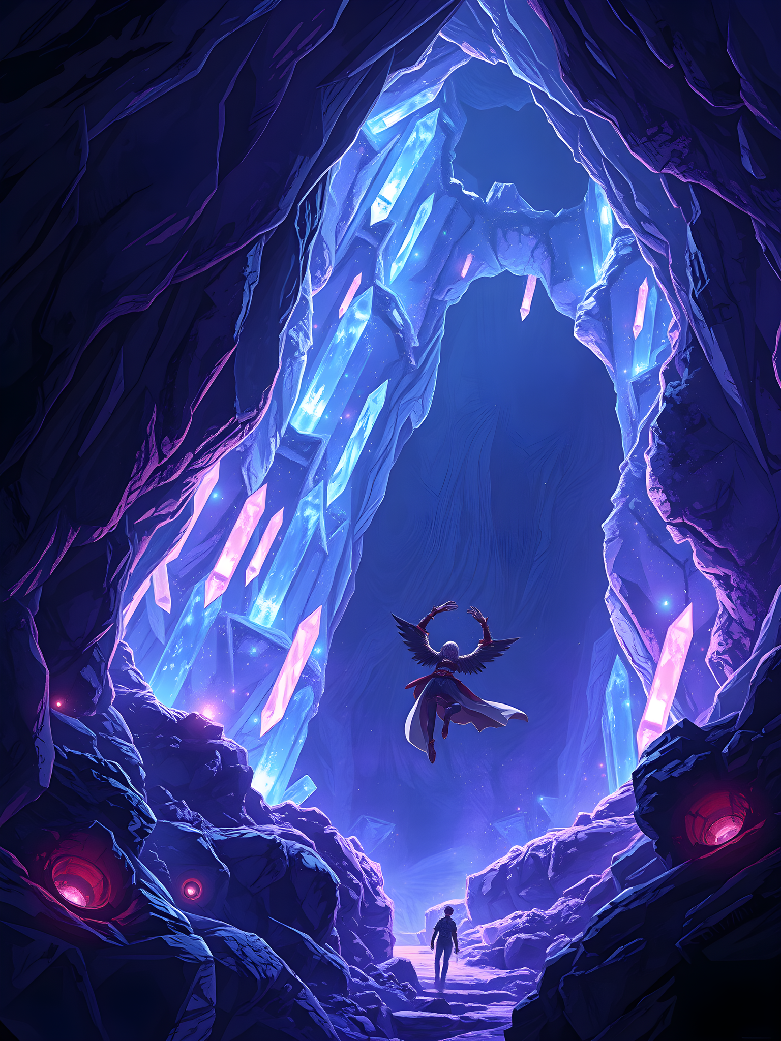 Crystal Cave Fantasy: Angelic Figure & Seeker, crystal cave, fantasy art, angelic figure, glowing crystals, mystical, blue and purple