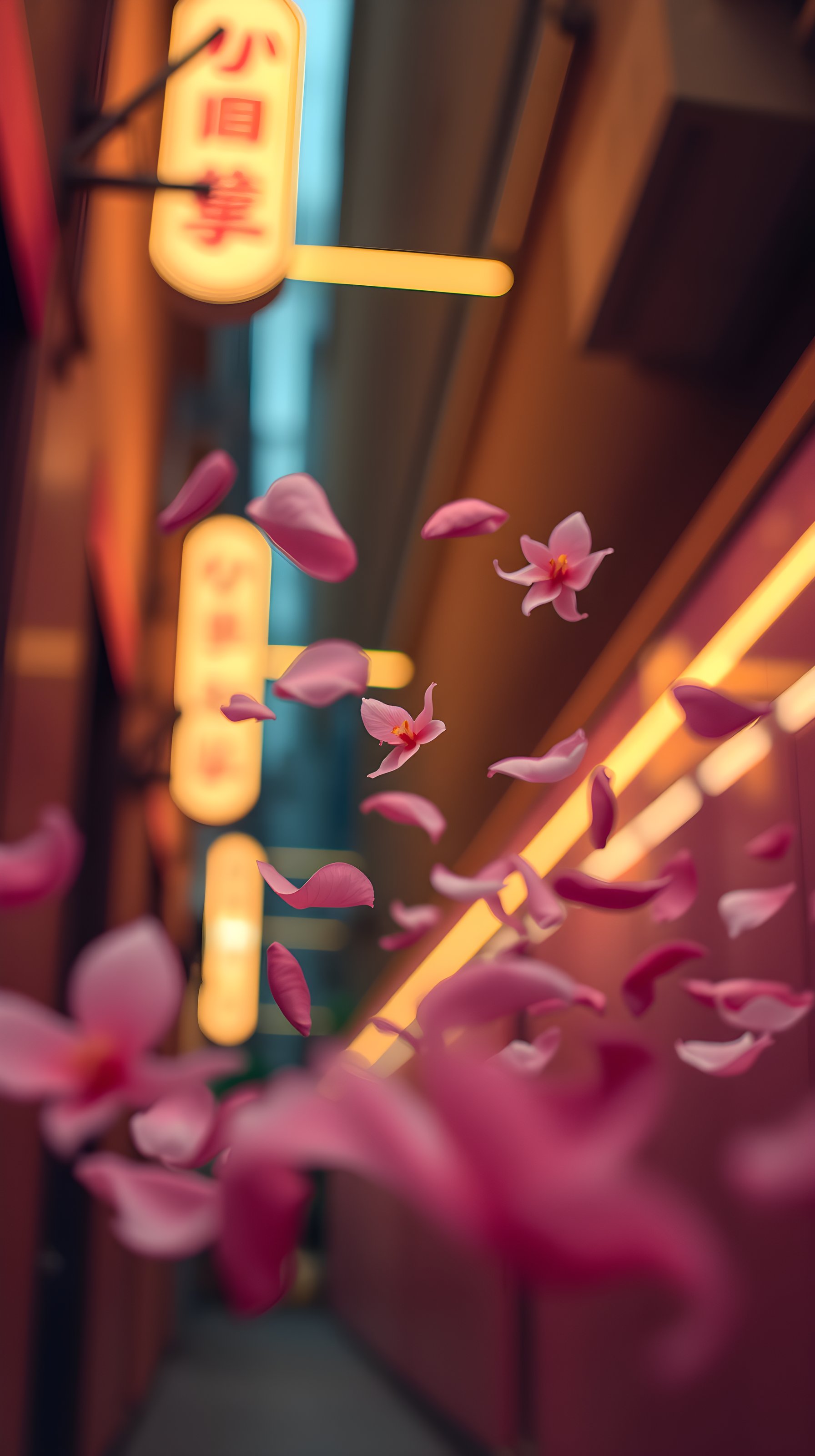 Dreamy Pink Petals Neon City Phone Wallpaper, pink petals, falling flowers, neon city, urban alley, dreamy, aesthetic