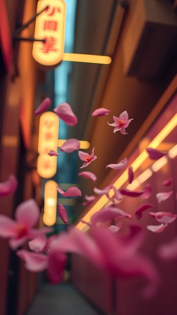 Dreamy Pink Petals Neon City Phone Wallpaper