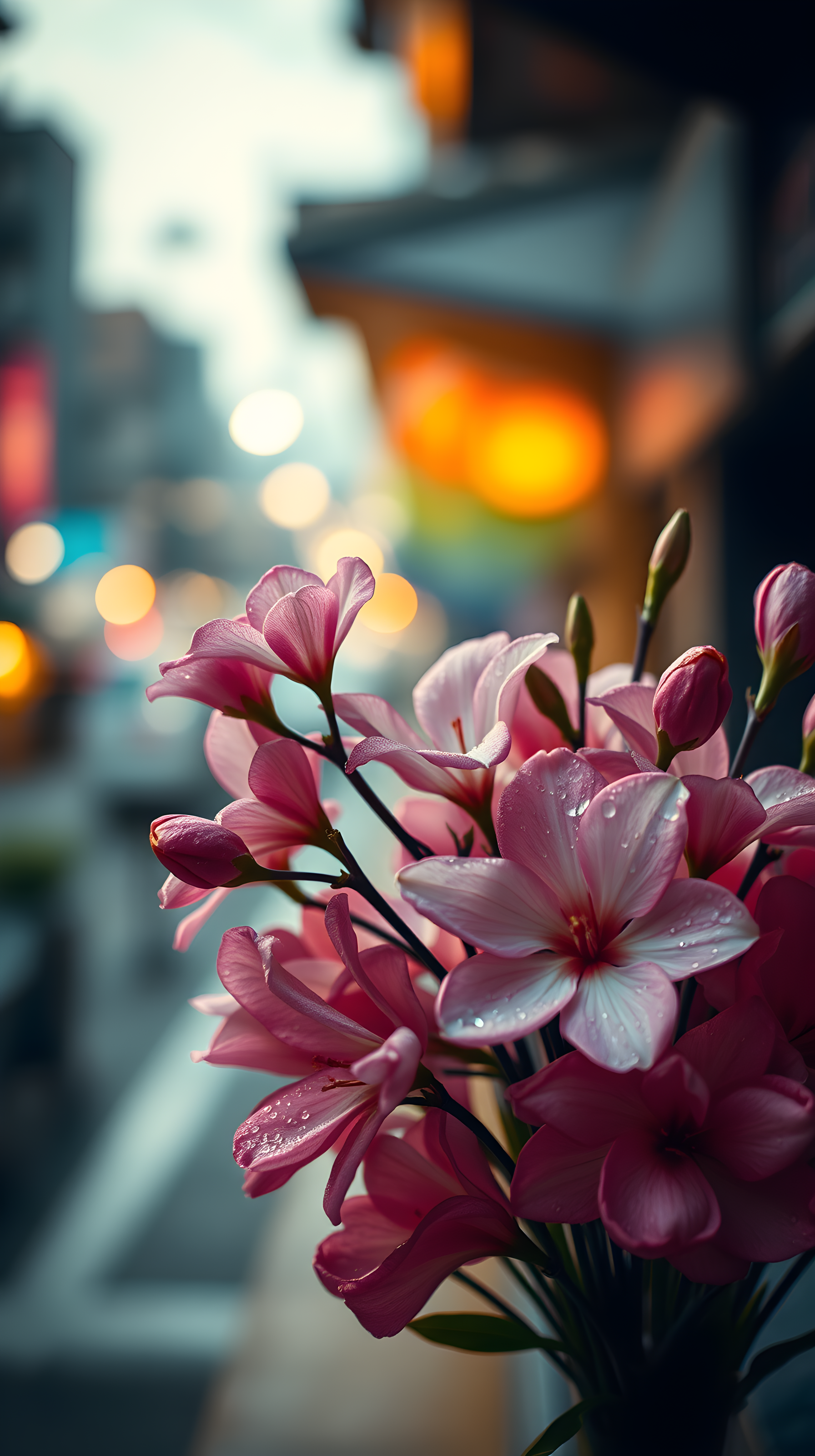 Dewy Pink Flowers with Urban Bokeh Lights, pink flowers, water droplets, city bokeh, urban street, aesthetic wallpaper, iphone wallpaper